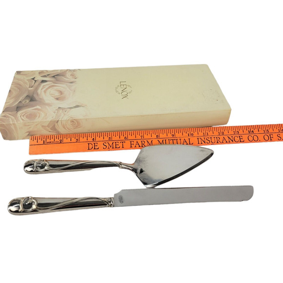 Lenox Forevermore Vtg Wedding Cake 2 Piece Silverplated Server Set Heart Knife - Picture 1 of 9